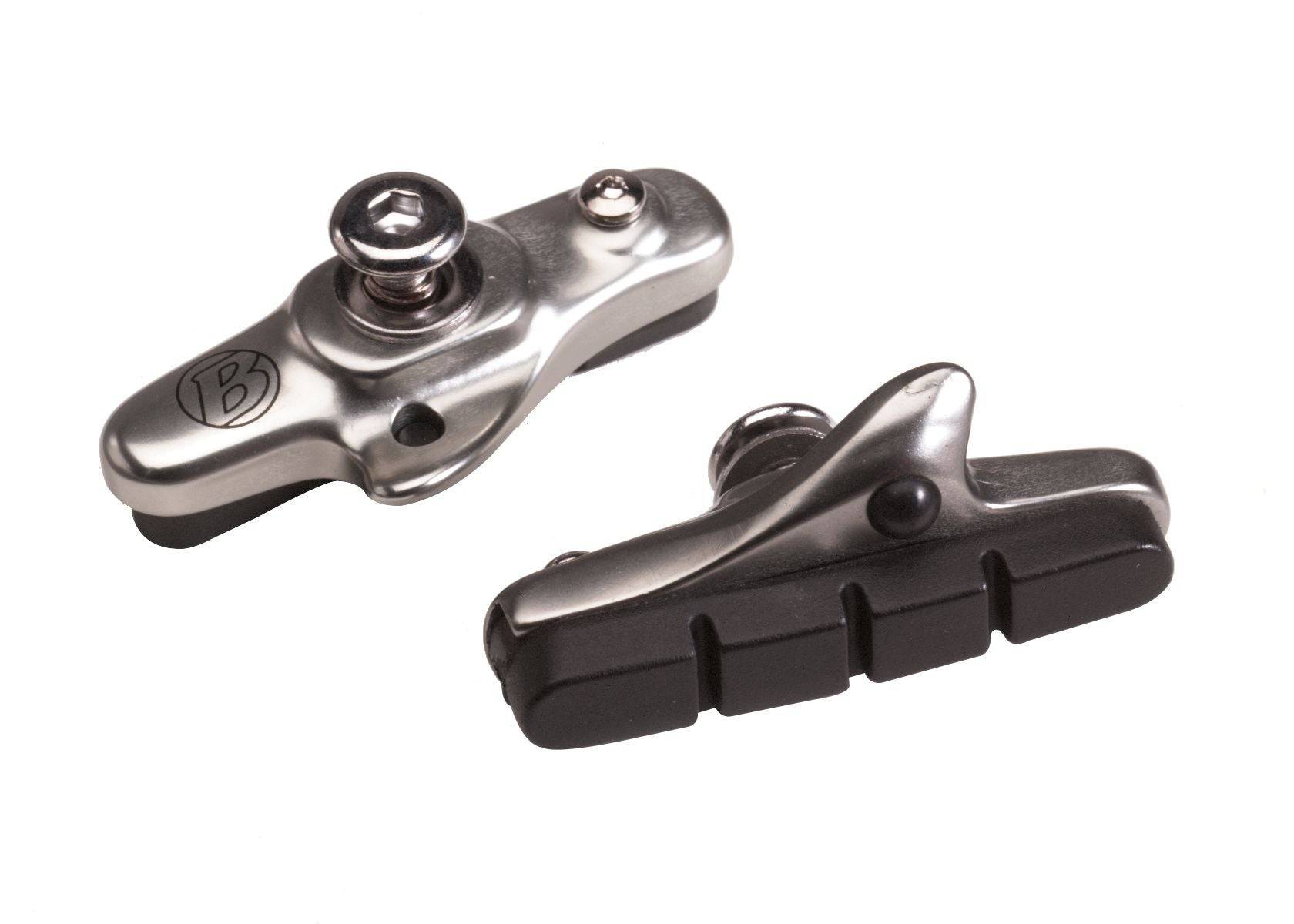 Pair of Bontrager road brake pad cartridges in black and grey, Shimano compatible durable brake components for cycling.