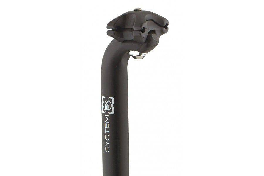 System Ex Alloy Bike Seatpost in black, 400mm length with single bolt adjustment, designed for bicycle components.