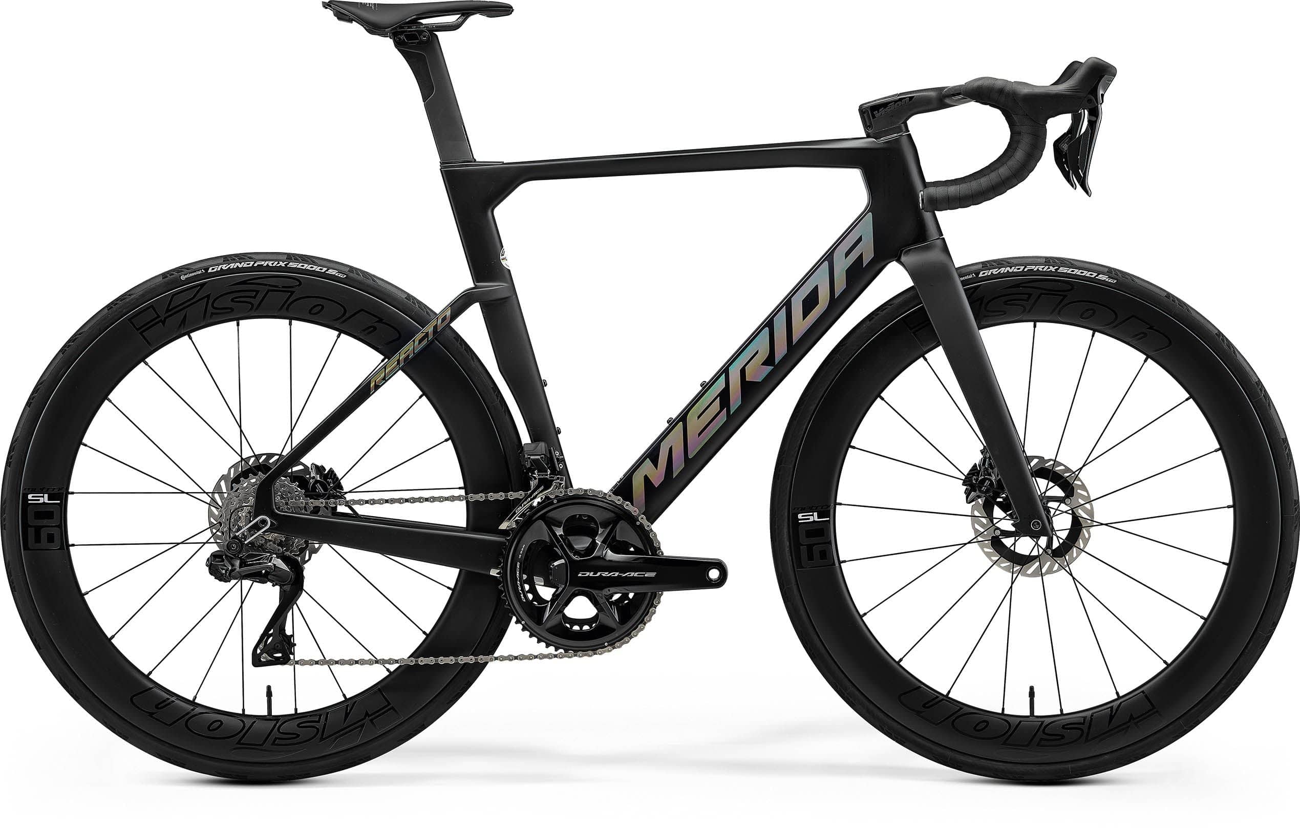 Merida Reacto Team MY26 road bike with Shimano Dura Ace Di2 electronic shifting and hydraulic disc brakes, black and red frame.