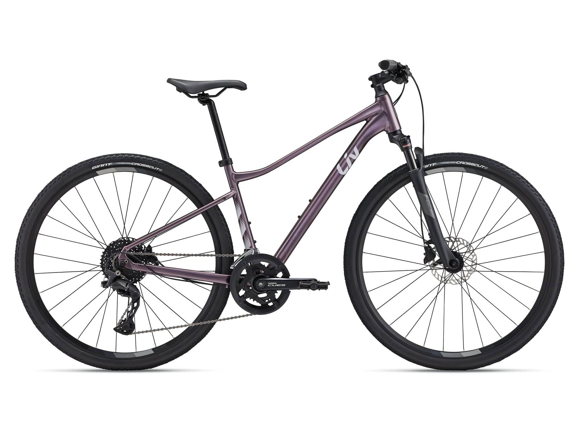 Liv Rove 1 Women's Hybrid Bike 2024 with Shimano CUES U6000 drivetrain and disc brakes, shown with sleek frame and ergonomic handlebars.