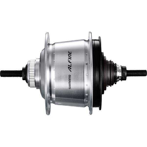 Shimano Alfine SG-S7051 Di2 8-speed internal hub gear with center-lock disc compatibility showing the sleek component and disc mount interface.