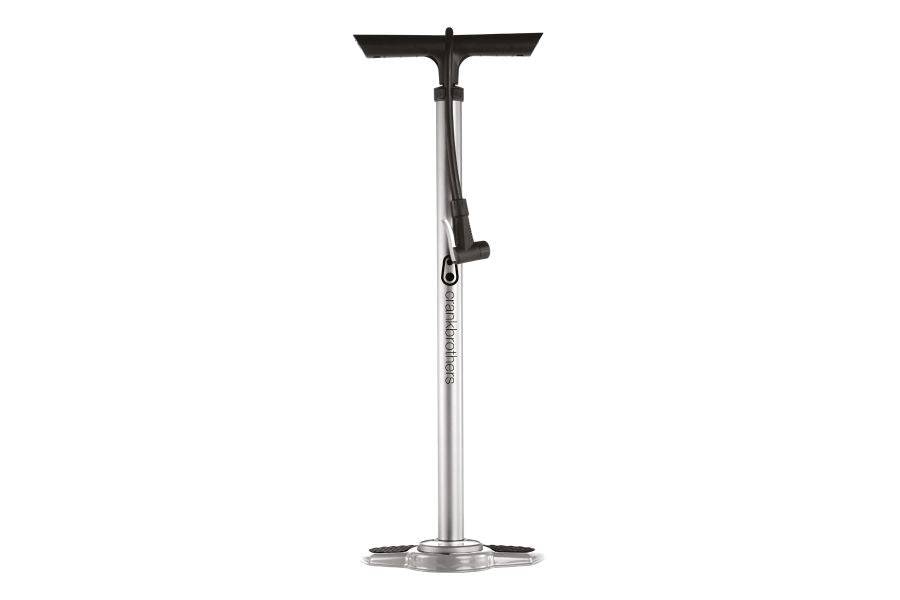 Crankbrothers Sapphire black floor pump with analog gauge, universal Presta and Schrader valve head for bicycle tire inflation.