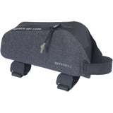 Black Basil Navigator Storm 0.8L waterproof top tube frame bag for cycling, shown attached to a bike frame.