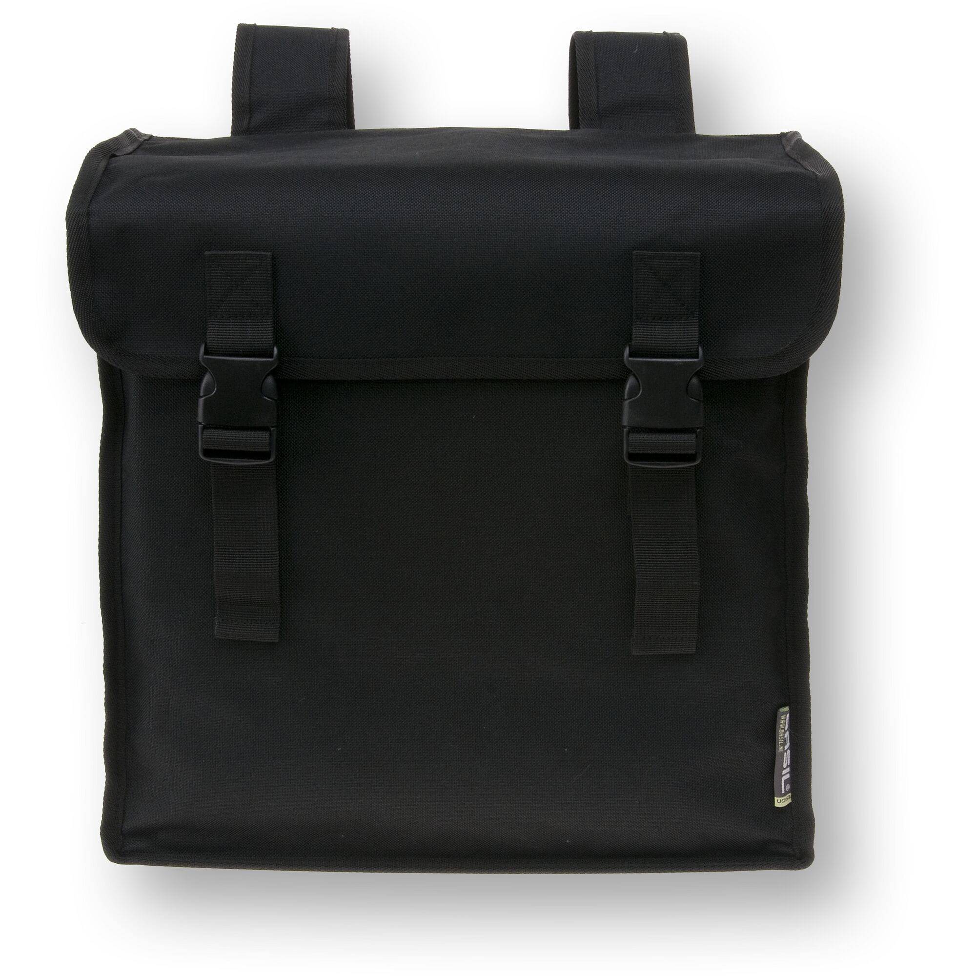 Basil Mara Double Bag 26L black water-repellent bike pannier with reflective accents attached to a bicycle rack.