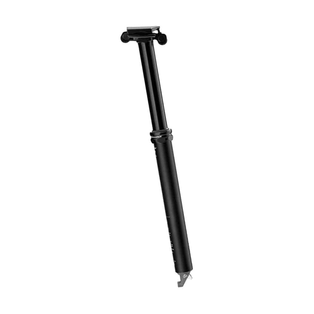 Race Face Turbine R dropper seatpost for mountain bikes, showing the sleek black component with brand logo and smooth drop mechanism.