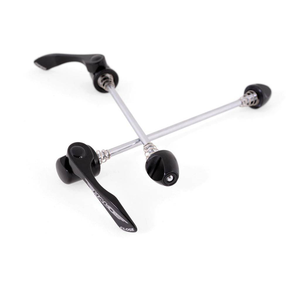 Halo Road Race quick release skewers with alloy handles and chrome-plated shafts for bicycle wheel security.