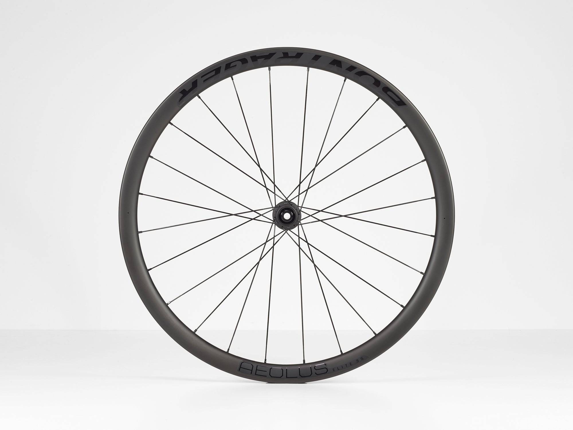 Bontrager Aeolus Elite 35 TLR disc road wheels with tubeless-ready carbon aerodynamic design.