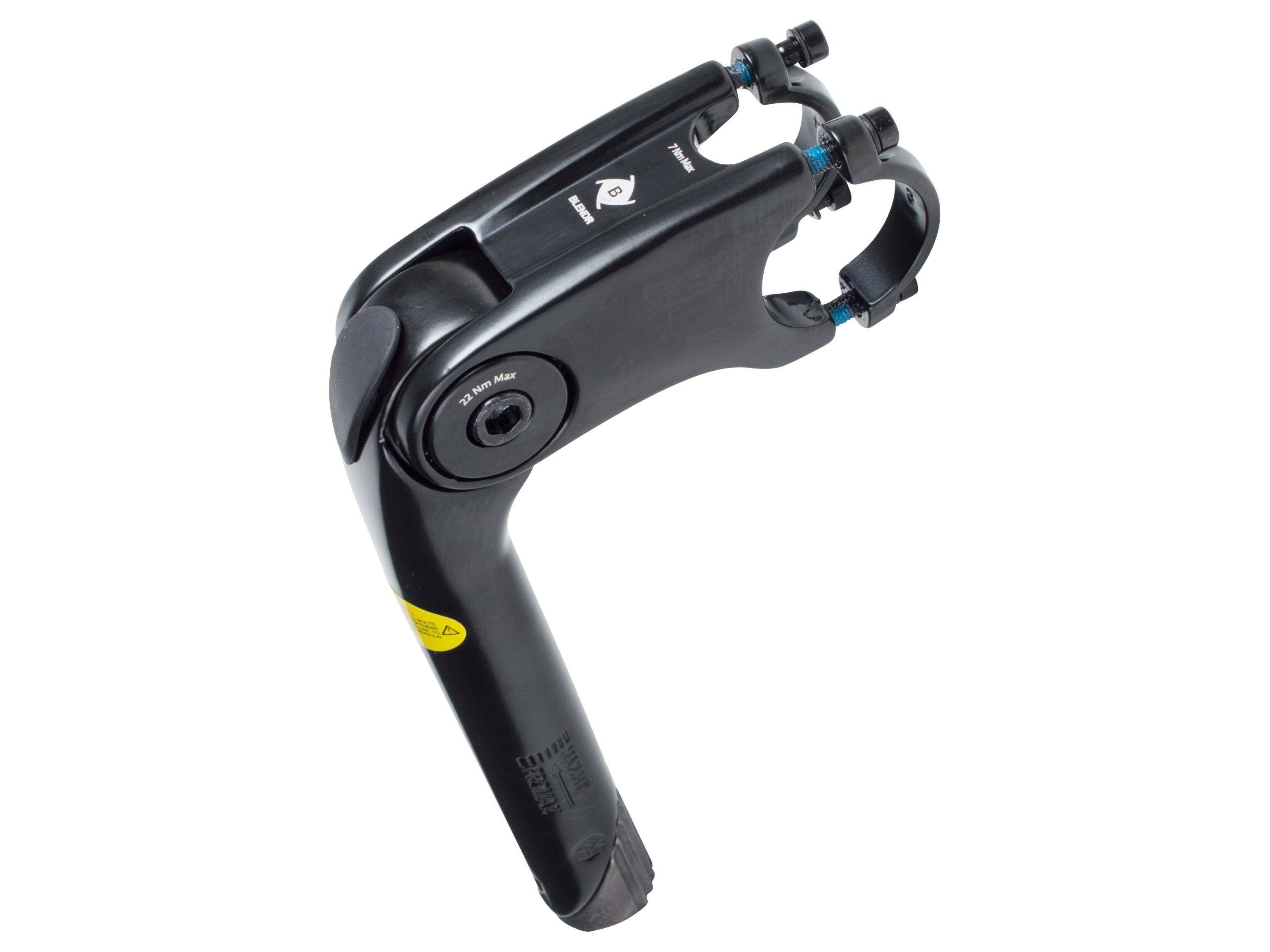 Bontrager Blendr adjustable quill stem for threaded forks with 64° angle, showing the stem with attachment points and angle mechanism.