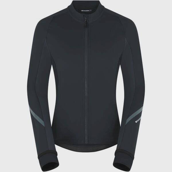 Madison DTE women's thermal long sleeve cycling jacket with DWR coating, shown in black, featuring a high collar and full-length zipper.