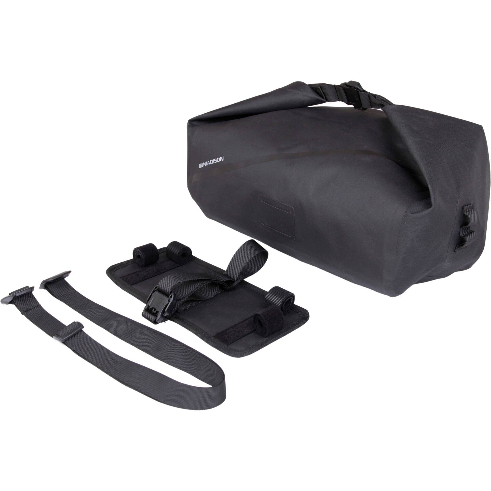 Madison Bags Roam waterproof 25L bike rack top bag in black with shoulder strap, designed for cycling accessories.