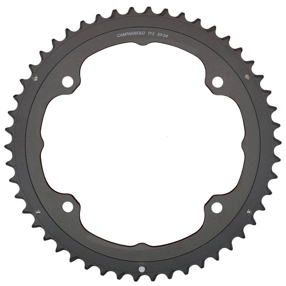 Campagnolo H11 11-speed chainrings for bike drivetrain, showing metal components with mounting holes and gear teeth for precise shifting.
