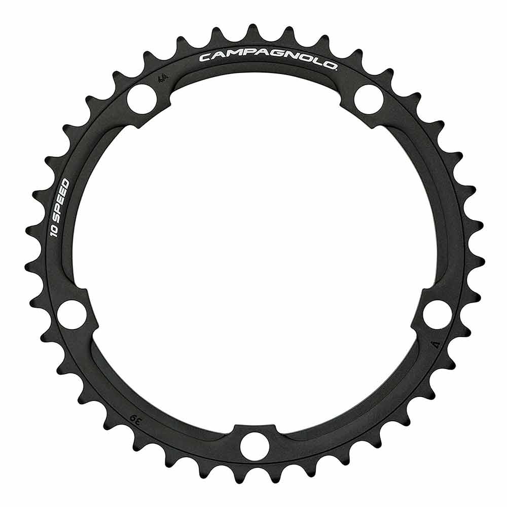 Campagnolo Veloce 39T black road bike chainring for drivetrain components, featuring a sleek design and durable construction.
