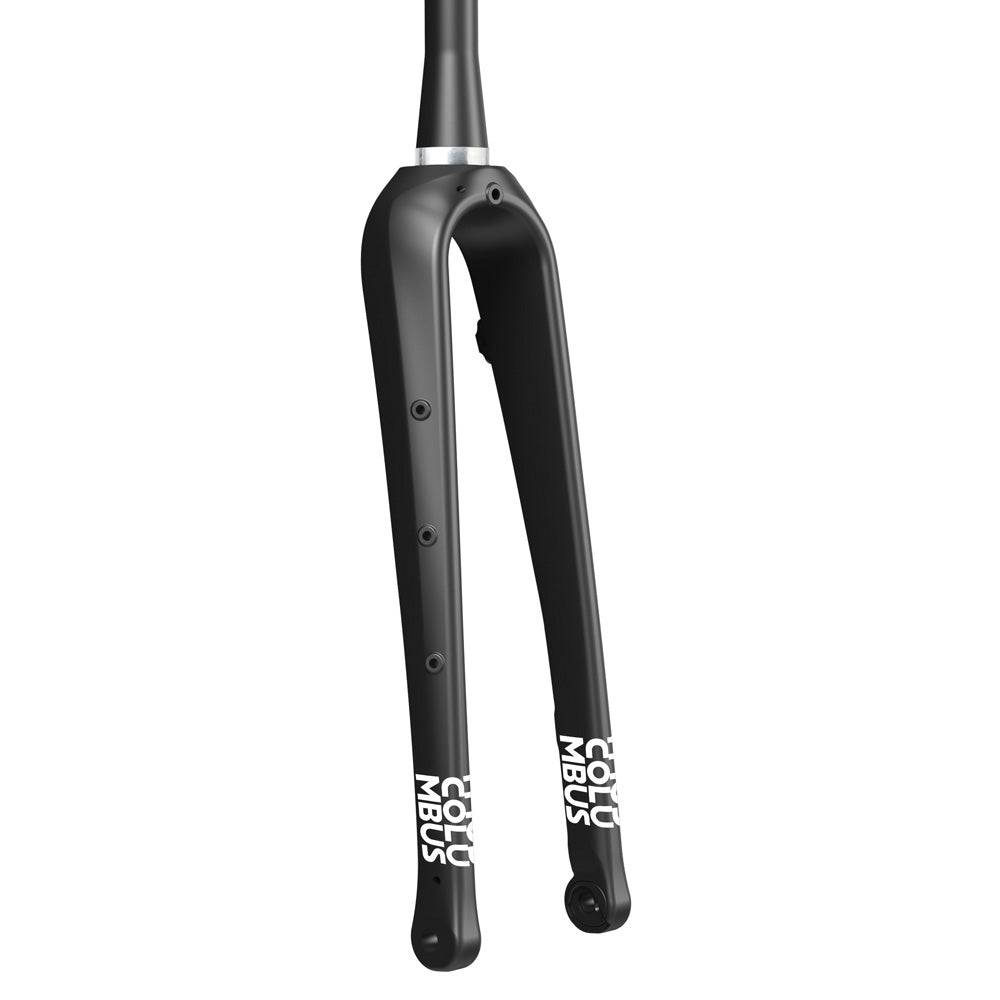 Columbus Futura Cross+ 1 1/2 tapered semi-integrated disc fork for bikepacking, showcasing sleek bike component design.