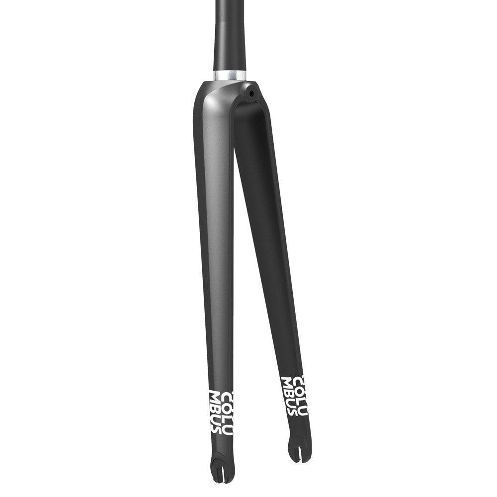 Columbus Futura SLX tapered carbon fork with 1 1/4" steerers for custom bicycle frames, showcasing sleek black design and tapered construction.