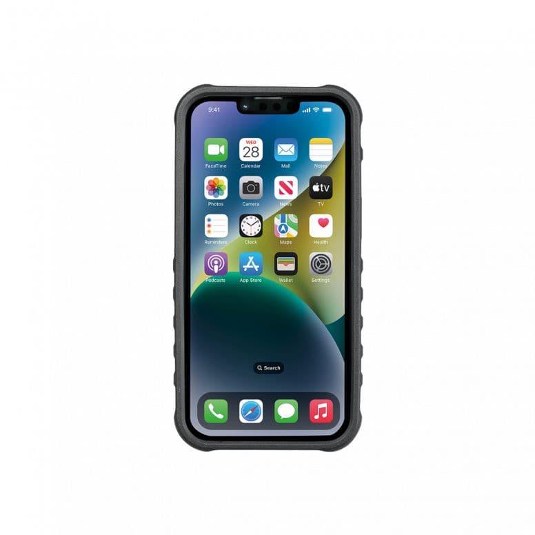 Topeak RideCase black iPhone 14 case with adjustable bike mount and flipstand, designed for cycling accessories.