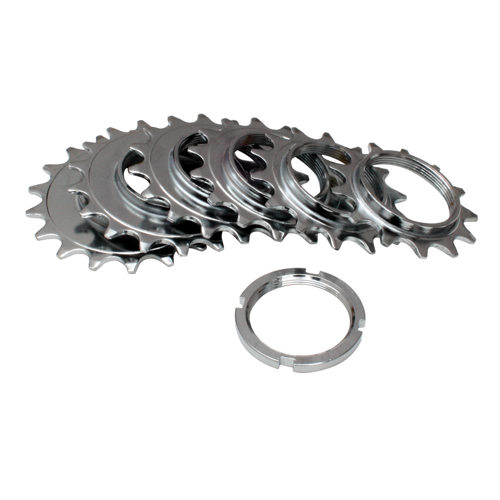 Gusset Components track sprockets with 3/32-inch narrow teeth for fixed gear bikes, shown in a set of multiple sprockets.