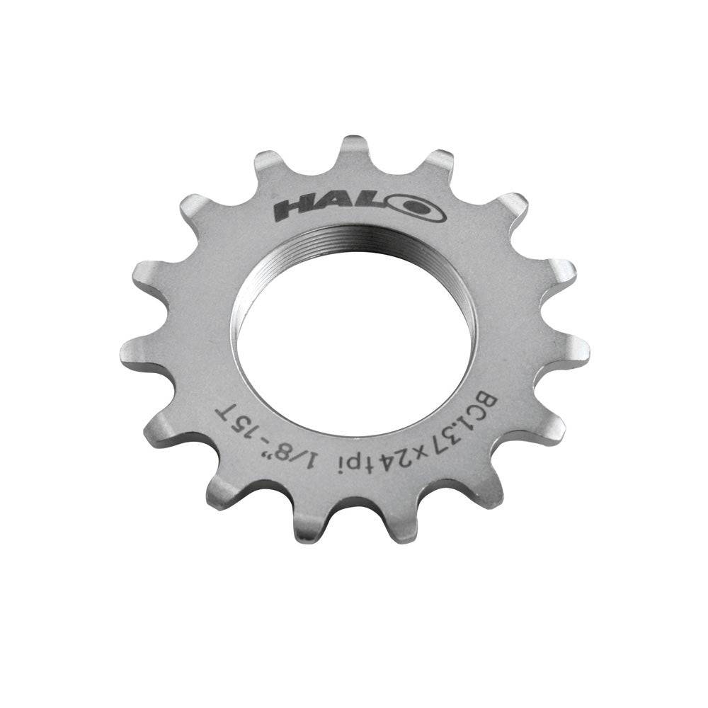 Halo Track Sprockets 1/8 inch fixed gear track cog made of CNC machined Cr-Mo steel, designed for bicycle components.