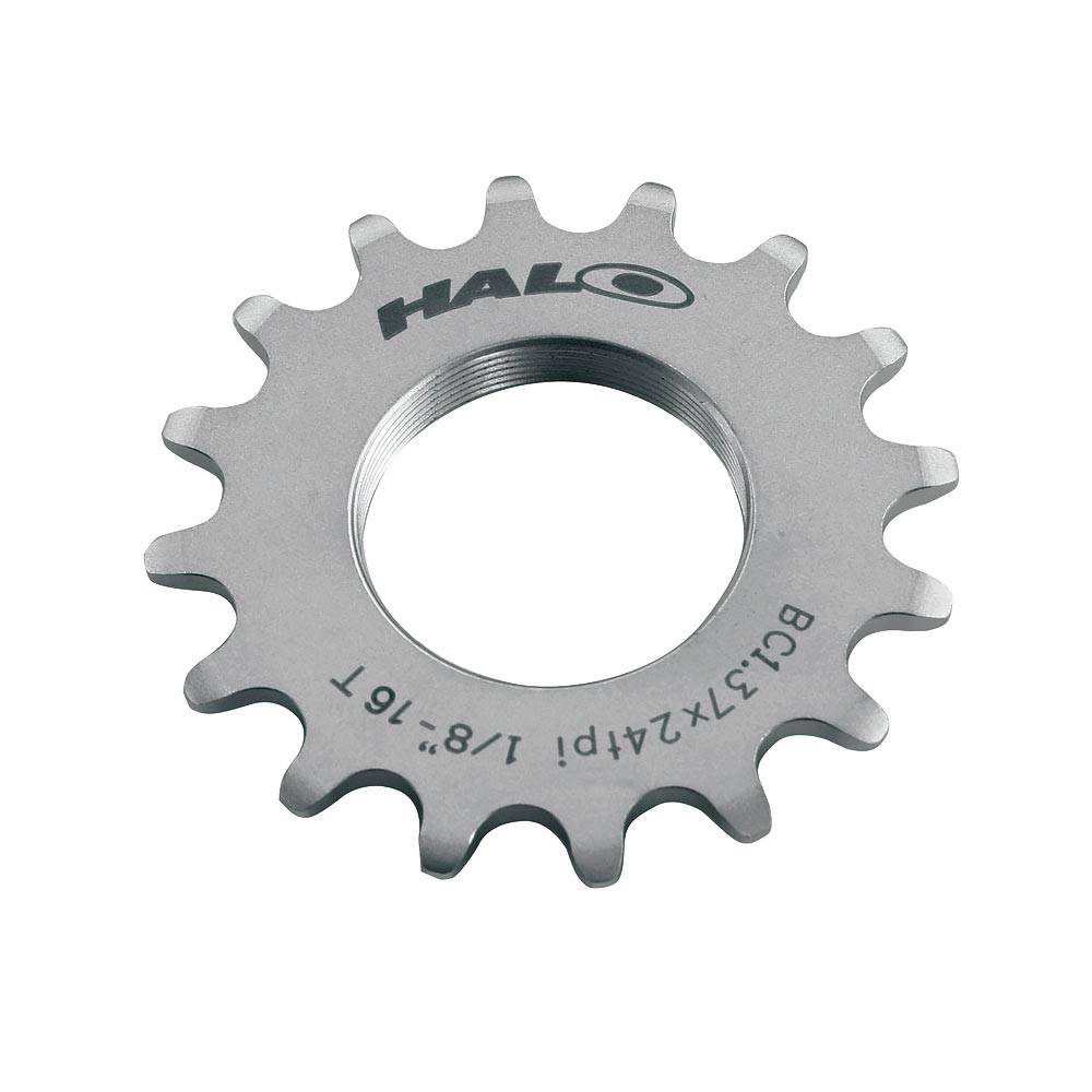 Halo Track Sprockets 1/8" fixed gear track cog made of CNC machined Cr-Mo steel, showcasing the sprocket's detailed teeth and polished finish.