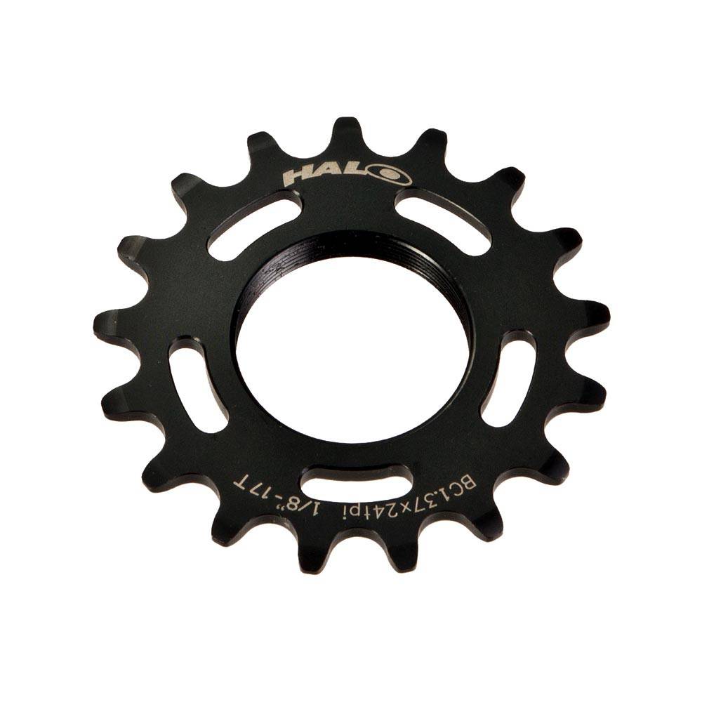 Halo Track Sprockets 1/8" fixed gear track cog made of CNC machined Cr-Mo steel, designed for precise cycling performance.