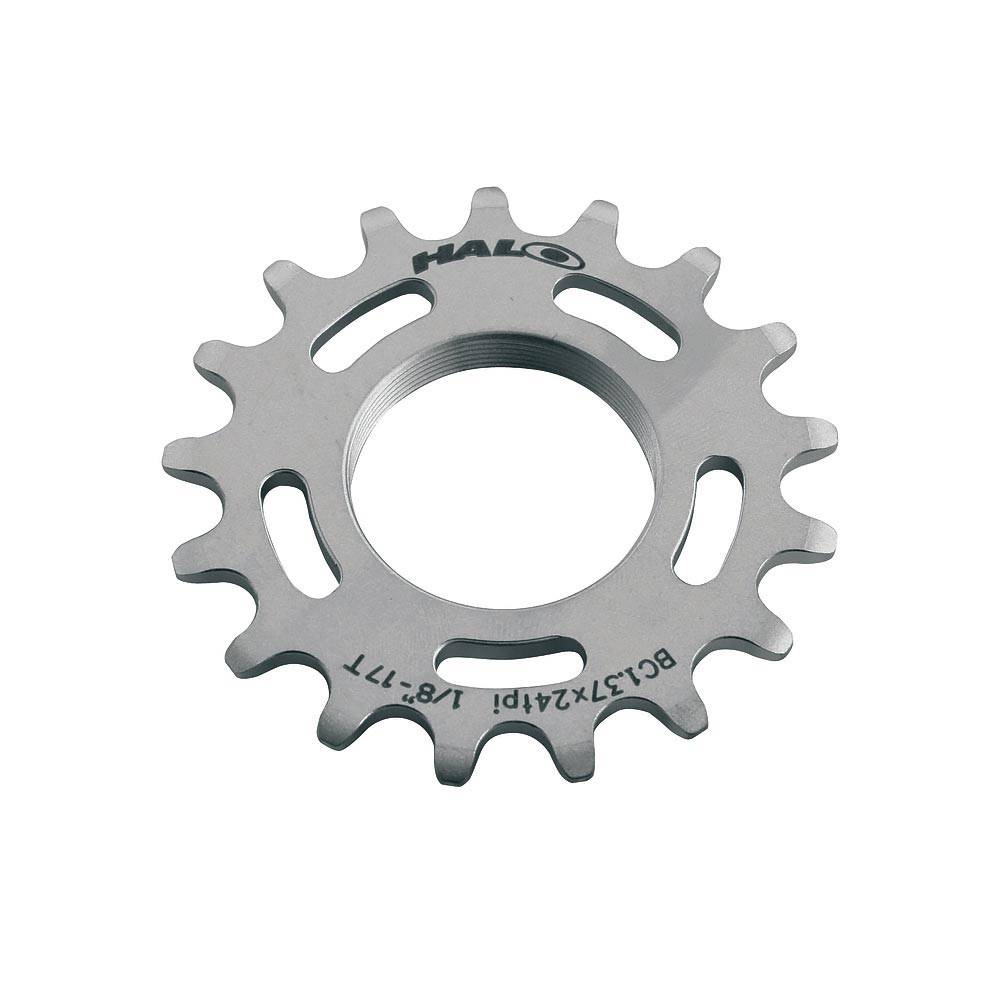 Halo Track Sprockets 1/8" fixed gear track cog made of CNC machined Cr-Mo steel, shown in close-up with detailed teeth.