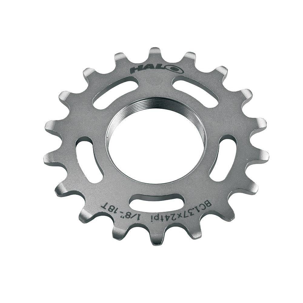 Halo Track Sprockets 1/8" fixed gear track cog made of CNC machined Cr-Mo steel, designed for high-performance cycling components.