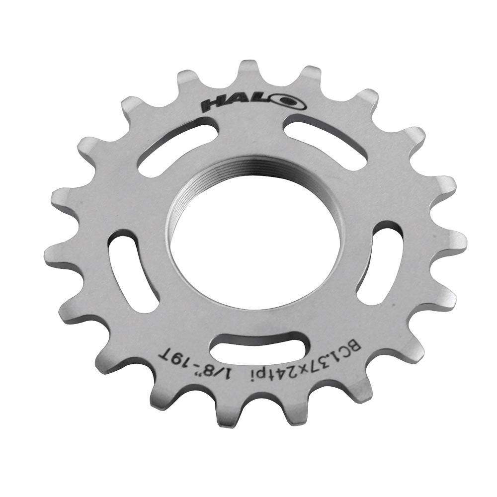 Halo Track Sprockets 1/8" fixed gear track cog made of CNC machined Cr-Mo steel, designed for track bike components.