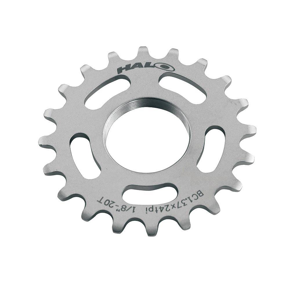 Halo Track Sprockets 1/8" fixed gear track cog, CNC machined from Cr-Mo steel, shown in close-up detail.