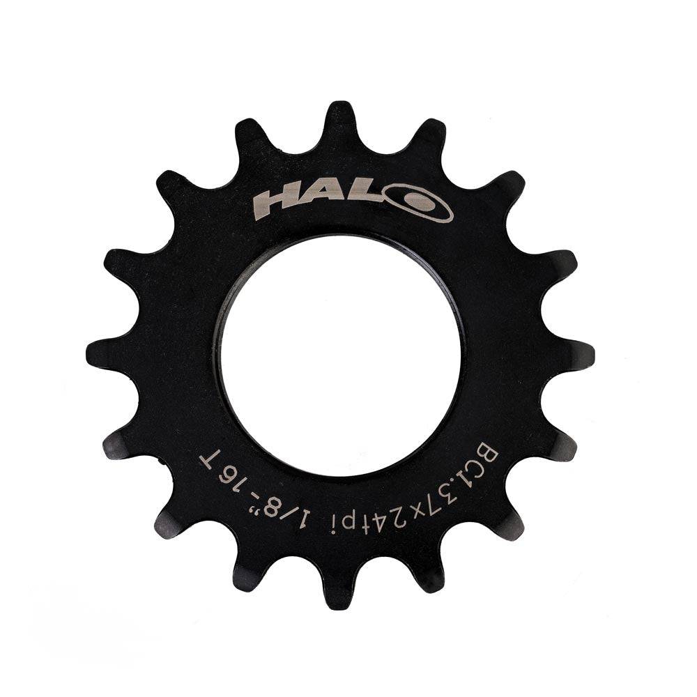 Halo Track Sprockets 1/8" fixed gear track cog made of CNC machined Cr-Mo steel, shown in close-up detail.