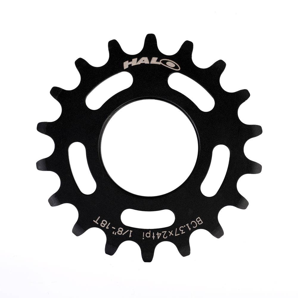 Halo Track Sprockets 1/8-inch fixed gear CNC machined Cr-Mo steel cog for bike components, shown in the image.