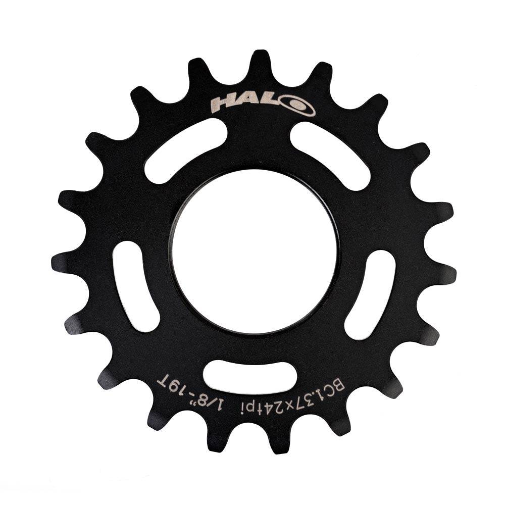 Halo Track Sprockets 1/8" fixed gear track cog made of CNC machined Cr-Mo steel, shown close-up with detailed teeth.