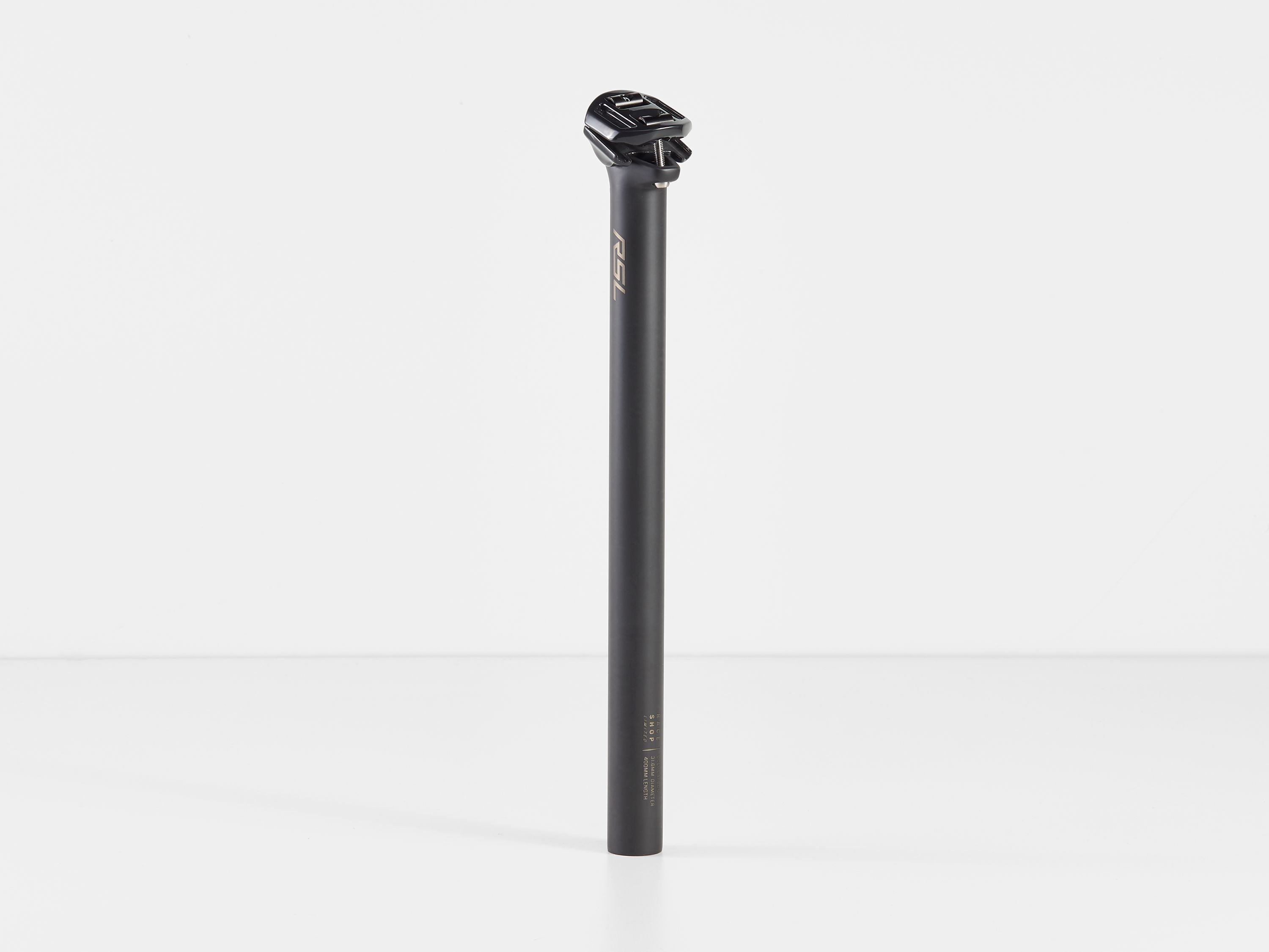 Bontrager RSL 2-Bolt 0-Offset carbon fiber seatpost for road and mountain bikes, showing the sleek black design and 31.6mm diameter.