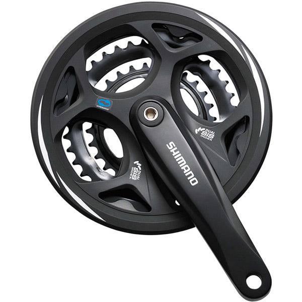 Shimano Altus FC-M311 square taper chainset cranks with 48/38/28T chainrings for 7/8-speed bikes, shown in image.