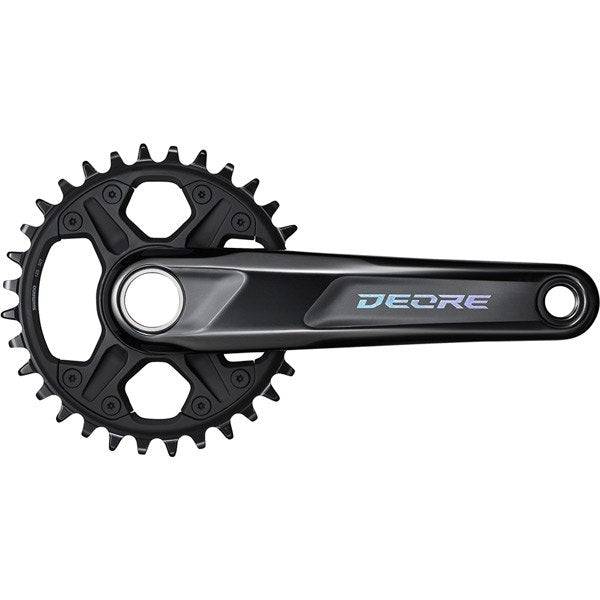 Shimano Deore FC-M6120 12-speed MTB crankset with 55mm boost chainline, black component for mountain biking bikes.