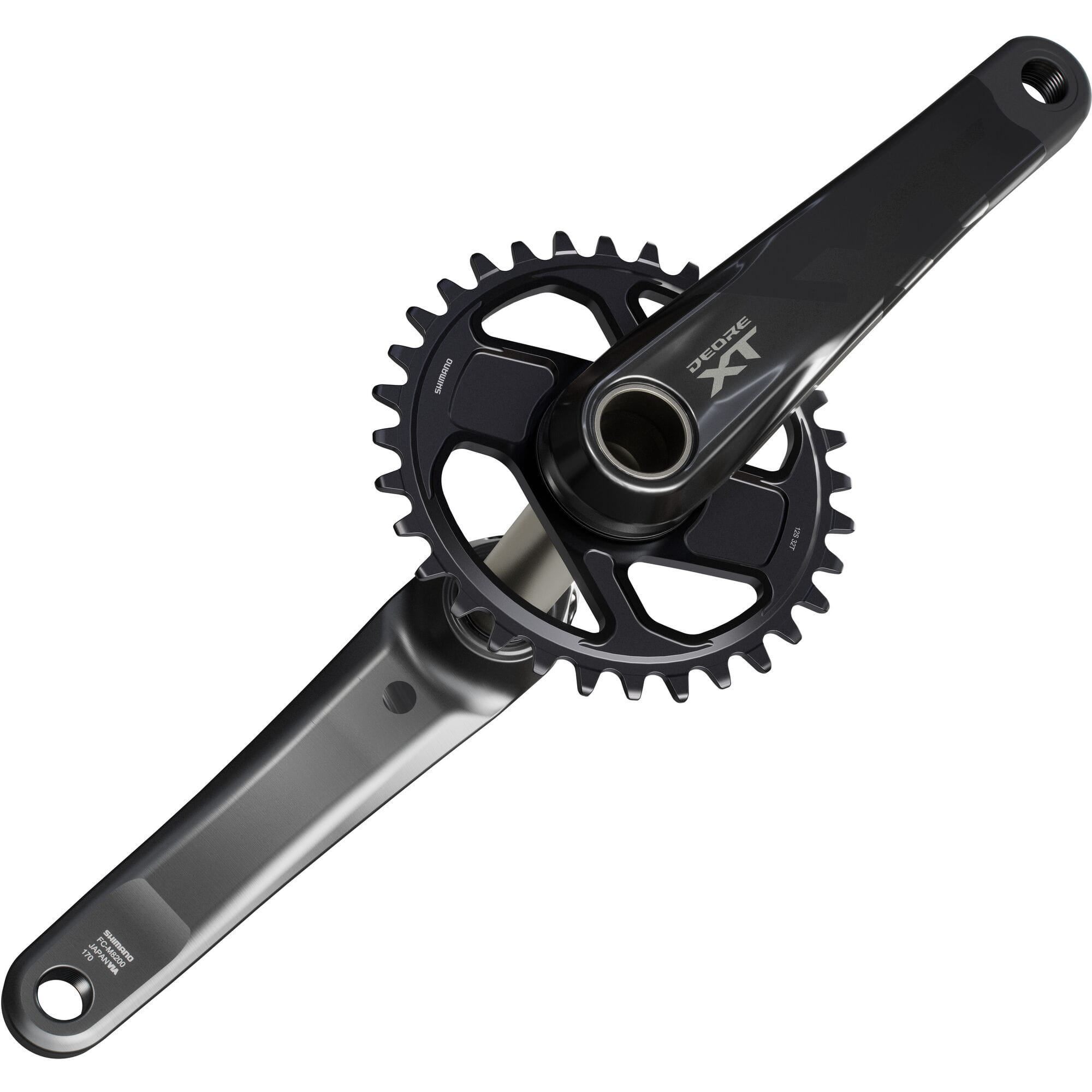 Shimano Deore XT FC-M8200 12-speed MTB crank set without chainring, 55mm chainline, showing crank arms and spindle.