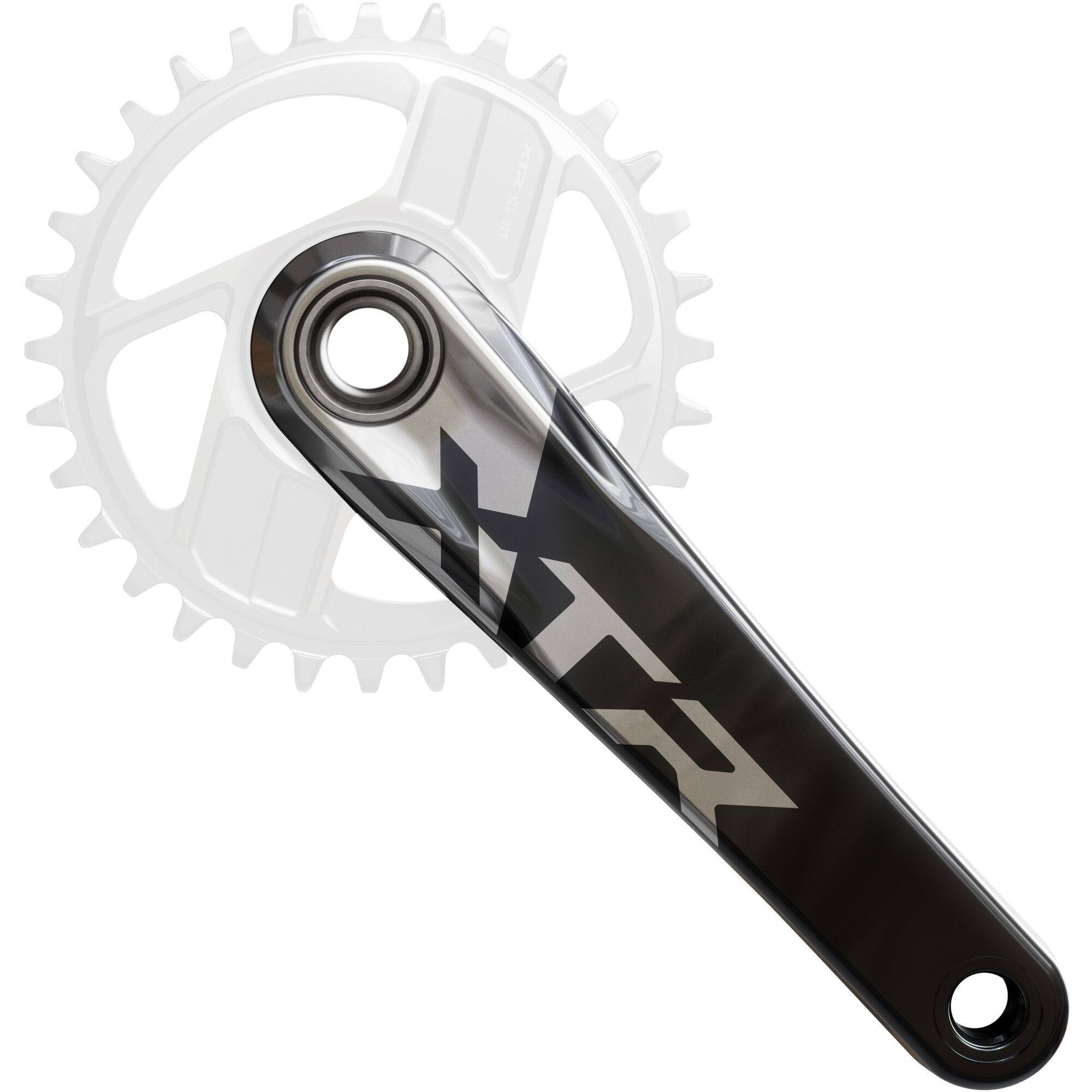 Shimano XTR FC-M9200 12-speed MTB crank set with 55mm chain line, without chainring, shown with black crank arms and chainring attachment points.