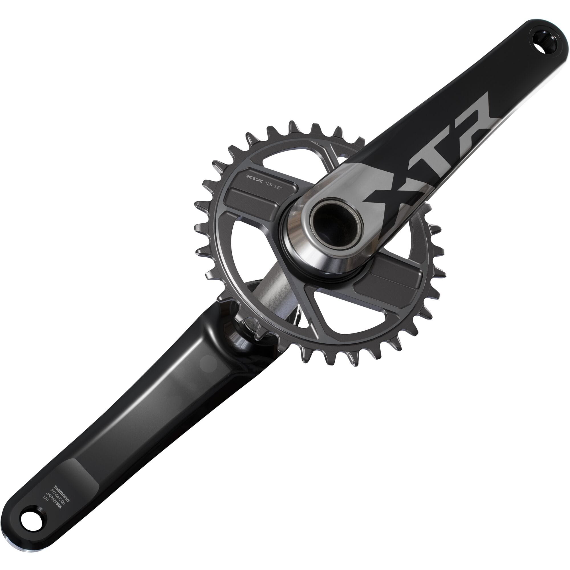 Shimano XTR FC-M9200 12-speed MTB crank set with 55mm chain line, shown without chainring, for mountain bike components.