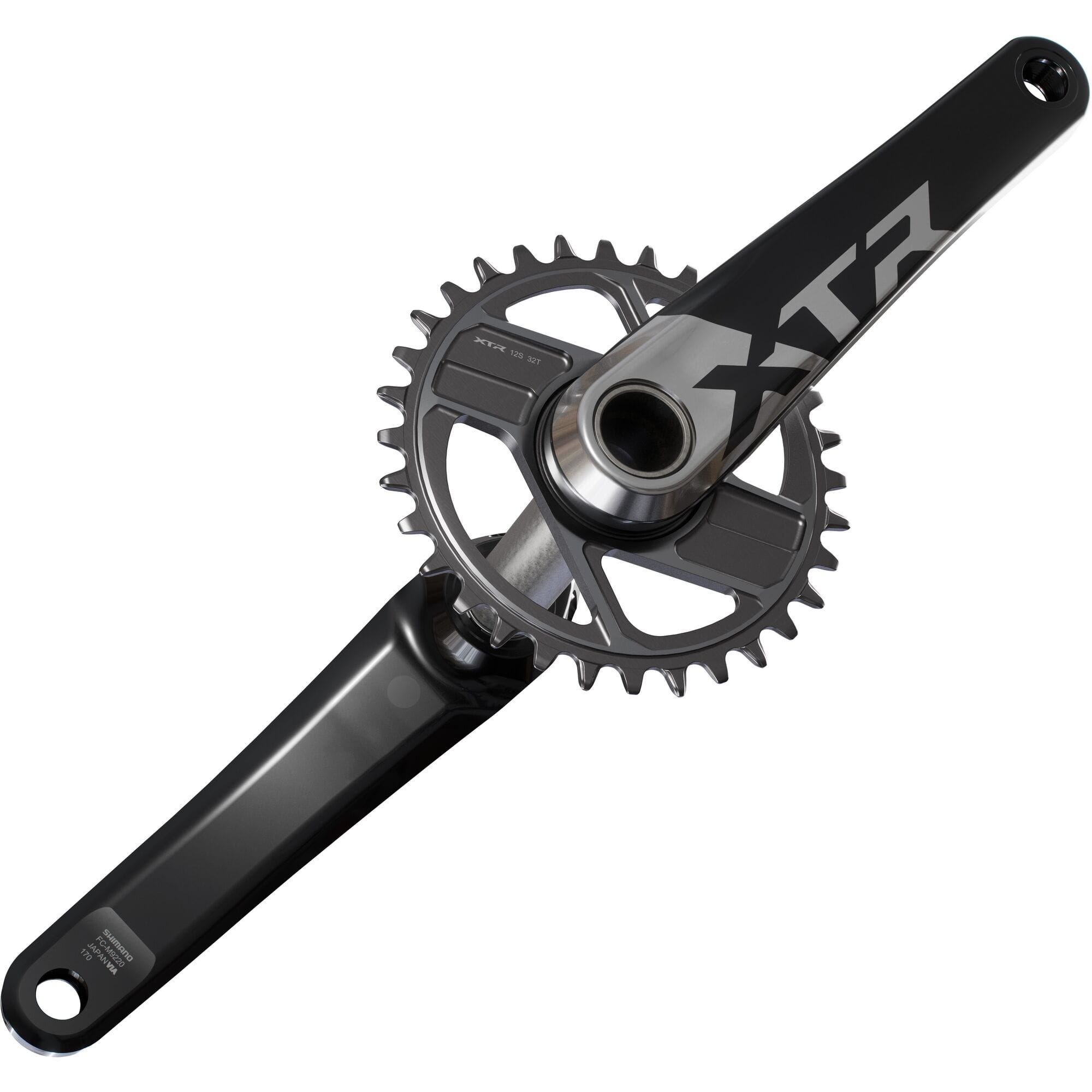 Shimano XTR FC-M9220 12-speed crank set without chainring, black components with 55mm chainline for mountain biking.
