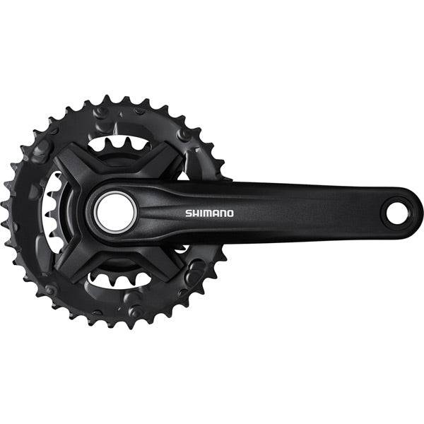 Shimano FC-MT210 2-piece MTB crankset with Hyperdrive system for 9-speed mountain biking, featuring black alloy arms and chainring.