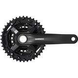 Shimano FC-MT210 2-piece MTB crankset for 9-speed Hyperdrive system, black components for mountain bike drivetrain.