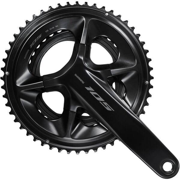 Shimano 105 FC-R7100 Double 12-Speed Road Bike Crankset with HollowTech II, showing crank arms and chainrings.