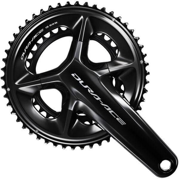 Shimano Dura-Ace FC-R9200 12-speed double chainset cranks for road cycling, with sleek black crank arms and chainrings.