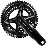 Shimano Dura-Ace FC-R9200 12-speed double chainset cranks for road cycling, with sleek black crank arms and chainrings.