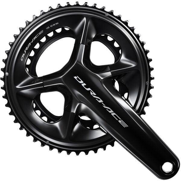Shimano Dura-Ace FC-R9200 12-speed double chainset cranks for road cycling, with sleek black finish and lightweight aluminum arms.
