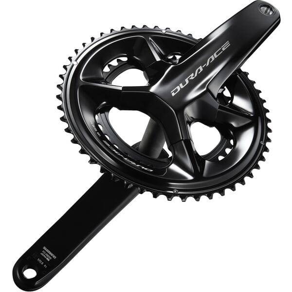 Shimano Dura-Ace FC-R9200 12-speed double road cycling chainset cranks with black arms and chainring for high-performance cycling.