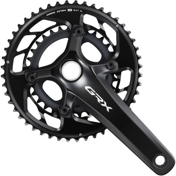 Shimano GRX FC-RX820 2x12-speed gravel bike chainset with Hollowtech II crank arms and chainrings, designed for gravel cycling.