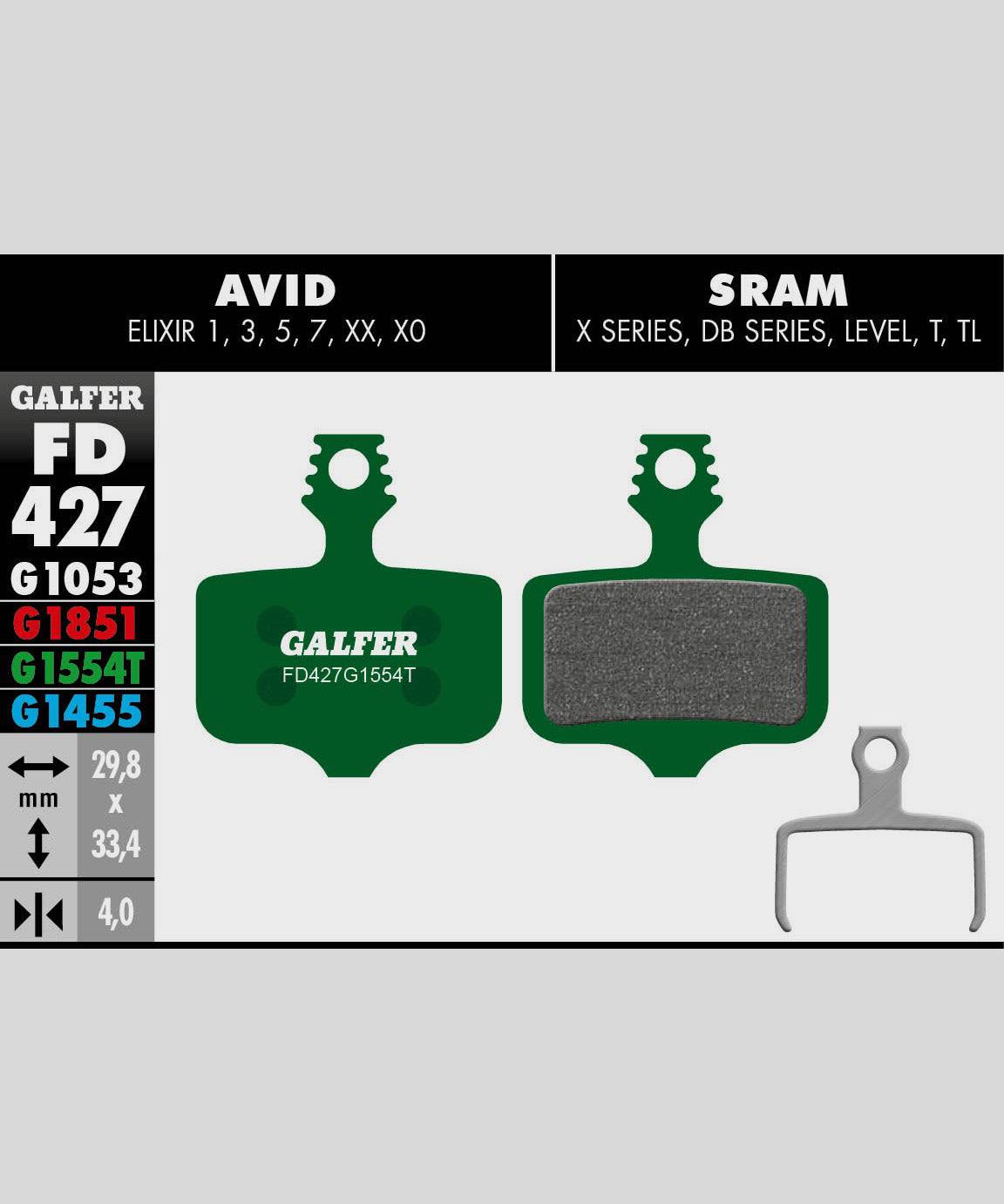 Galfer Pro bike disc brake pads for downhill and enduro racing, showing high-performance brake component with metallic backing and brake surface.