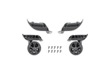 Pair of black Topeak Pakgo X replacement luggage wheel set, showing left and right wheels for durable travel accessories.