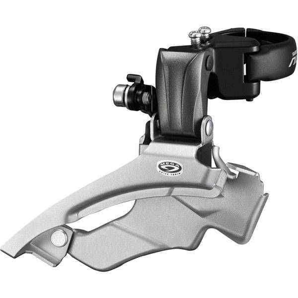 Shimano Altus FD-M371 9-speed dual-pull front derailleur for hybrid bikes, showing the black component with mounting mechanism