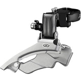 Shimano Altus FD-M371 9-speed dual-pull front derailleur for hybrid bikes, showing the black component with mounting mechanism