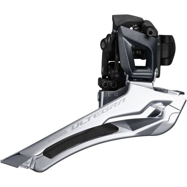 Shimano Ultegra FD-R8000 11-speed front derailleur for road bikes, double chainring, black finish, mounted on bike frame.
